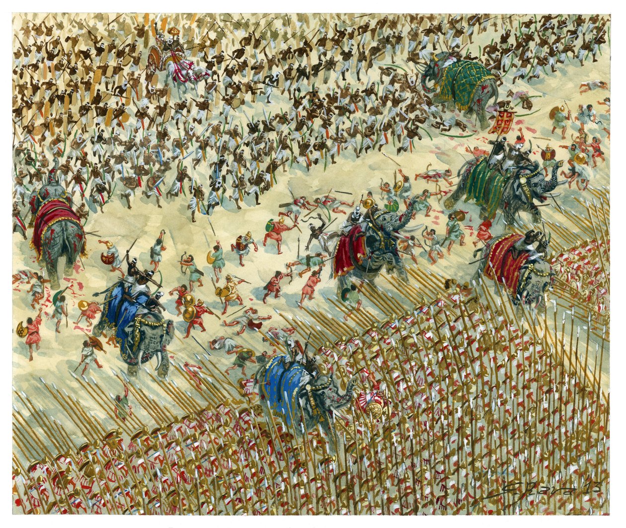 Batalha de Hydaspes Alexandre e Porus em 327 a.C. - Alexandre, o Grande, continua a sua conquista do Vale do Indo - Alexandre, o Grande, contra o rei Porus durante a Batalha de Hydaspes - Ilustração de Giuseppe Rava de Giuseppe Rava