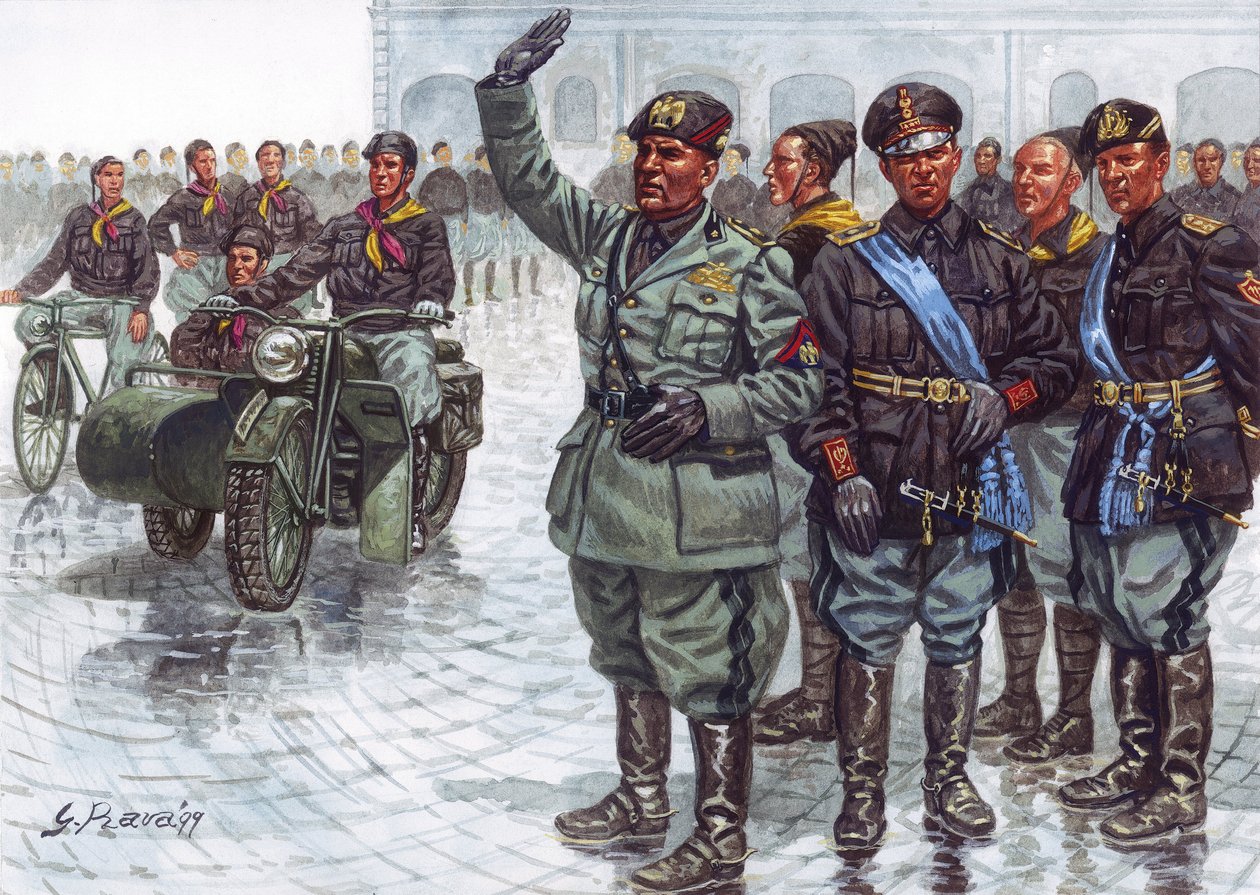 O Duce Benito Mussolini (1883-1945), acompanhado pelos seus Camisas Negras (Camicie nere), fazendo a saudação fascista durante uma parada militar - Benito Mussolini e os Camisas Negras durante uma parada militar - Ilustração de Giuseppe Rava de Giuseppe Rava