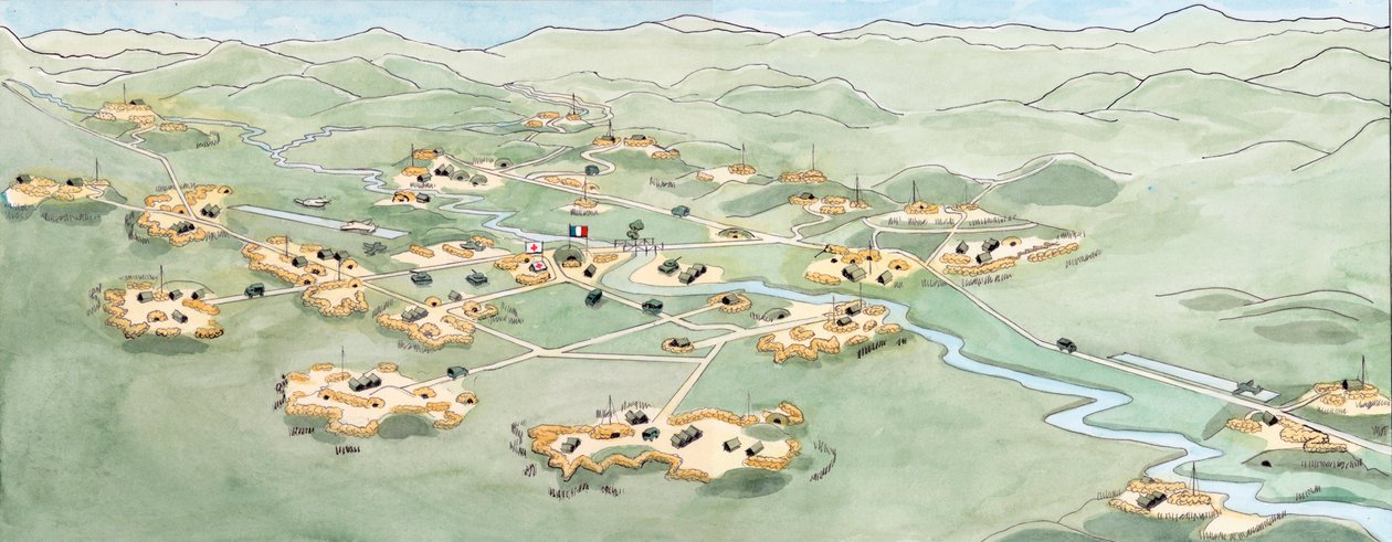 Guerra da Indochina: Plano da Batalha de Dien Bien Phu (Dien-Bien-Phu) que opõe o exército francês ao do Vietname de novembro de 1953 a maio de 1954 - Primeira Guerra da Indochina: mapa da Batalha de Dien Bien Phu entre a Expedição Francesa ao Extremo Orie de Giuseppe Rava