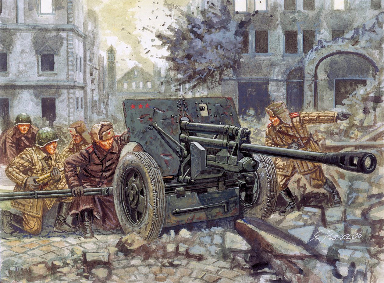 Segunda Guerra Mundial: Canhão anti-tanque pesado russo de 76 mm - Segunda Guerra Mundial: canhão anti-tanque russo - Ilustração de Giuseppe Rava de Giuseppe Rava