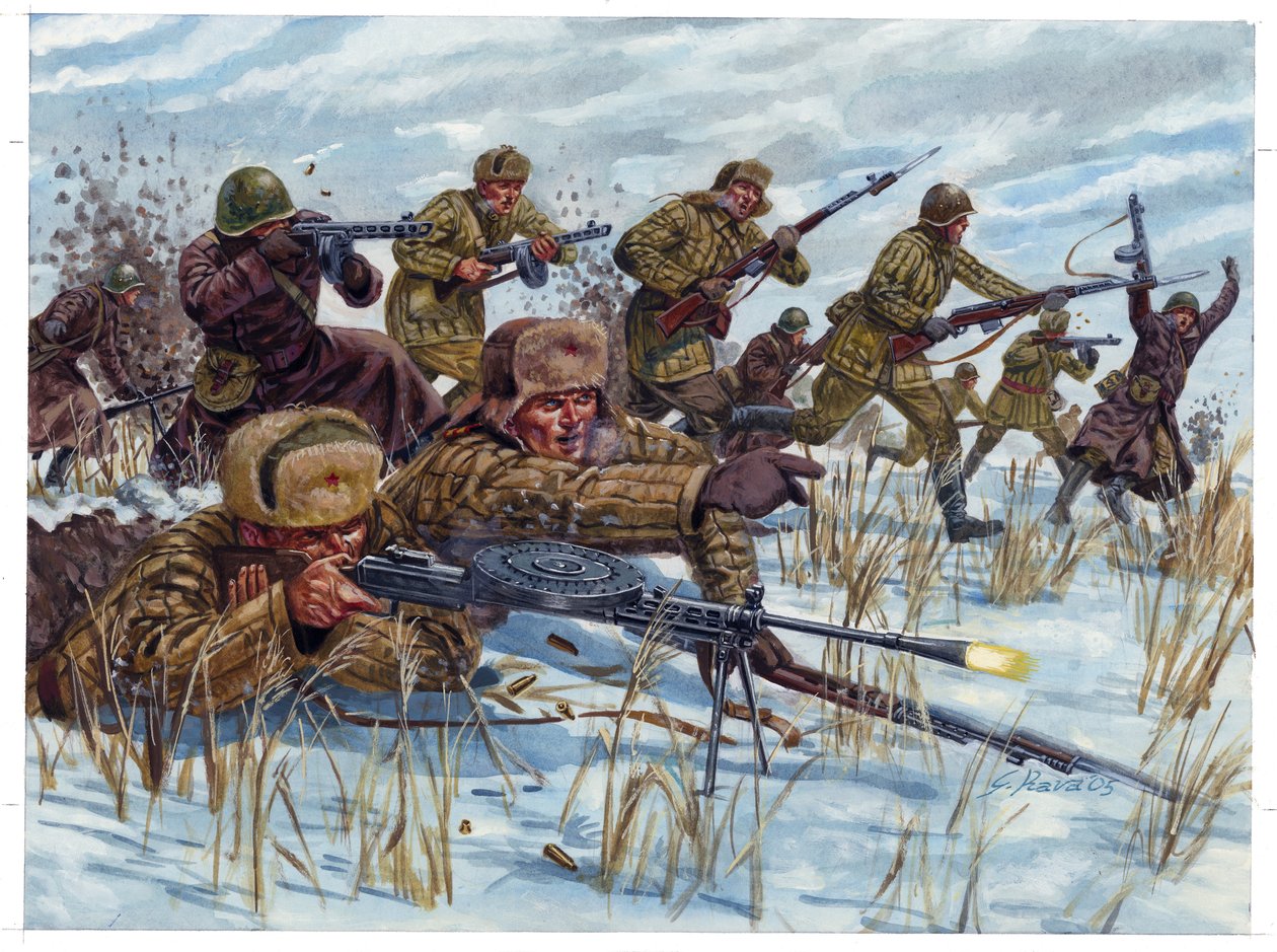 Segunda Guerra Mundial: Soldados de infantaria russos avançam no campo de batalha - Segunda Guerra Mundial: soldados de infantaria russos avançam no campo de batalha - Ilustração de Giuseppe Rava de Giuseppe Rava