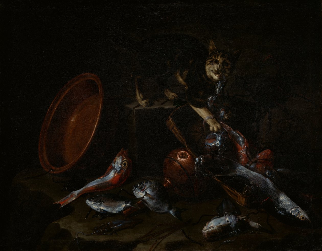 Cat Stealing Fish, final dos anos 1660. de Giuseppe Recco