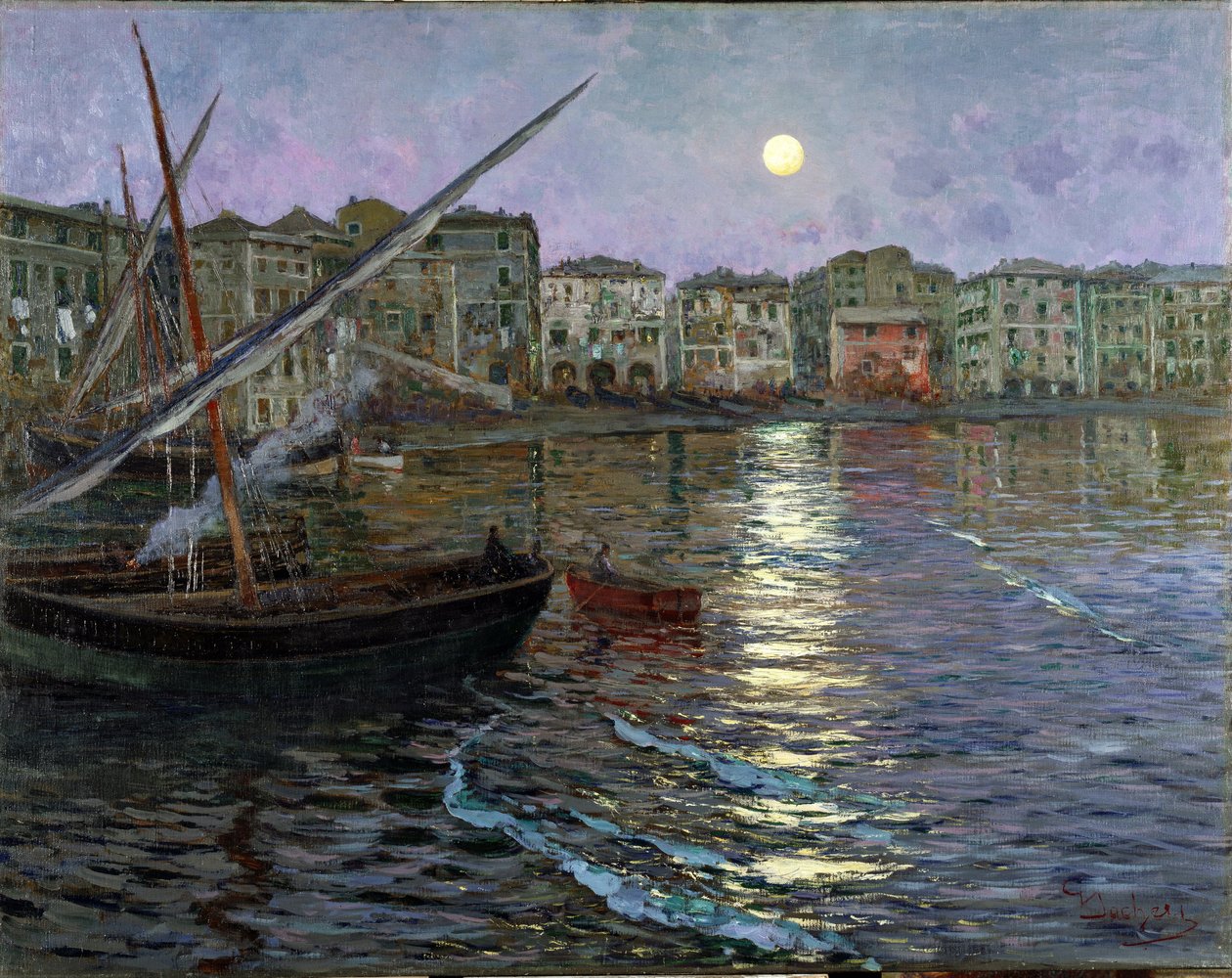 Poesia Lunare Port in the Moonlight (Vista de um porto ao luar) (petróleo sobre tela) de Giuseppe Sacheri