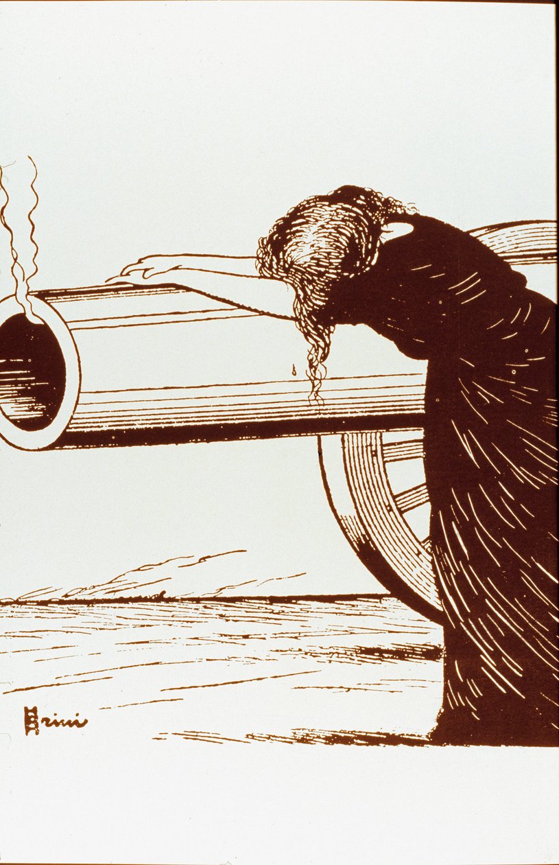 Primeira Guerra Mundial: uma alegoria de guerra, uma mulher, provavelmente viúva, em desespero, depende de um canhão ainda fumegante. Cartaz de Giuseppe Scalarini (1873-1948) 1914 Private Collection Atenção! O uso desta obra pode estar sujeito a um pedido  de Giuseppe Scalarini