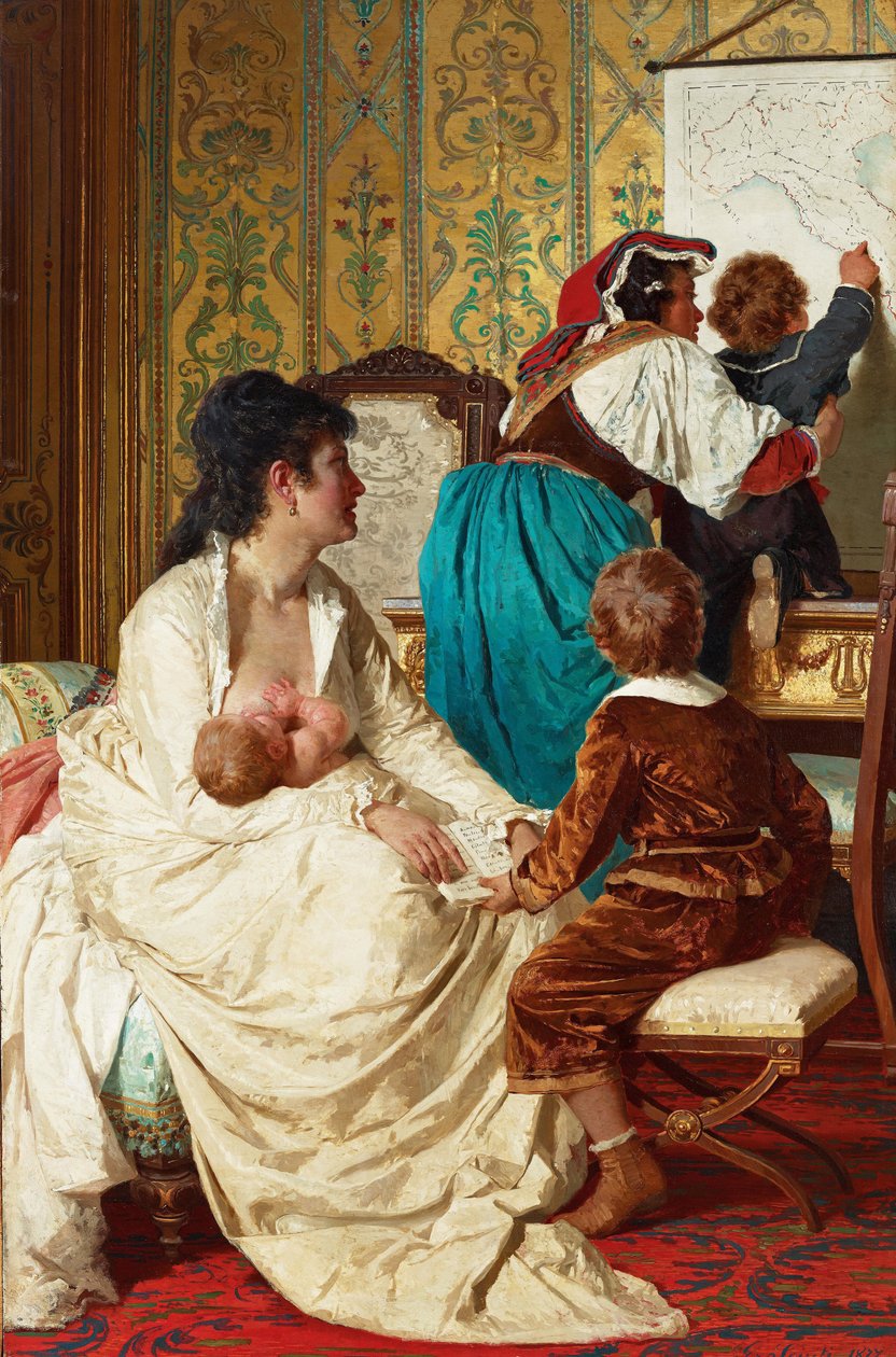 "As Alegrias da Boa Mãe" Uma mãe que amamenta o seu bebé - Pintura de Giuseppe Sciuti (1834-1911) 1877 Colecção privada de Giuseppe Sciuti