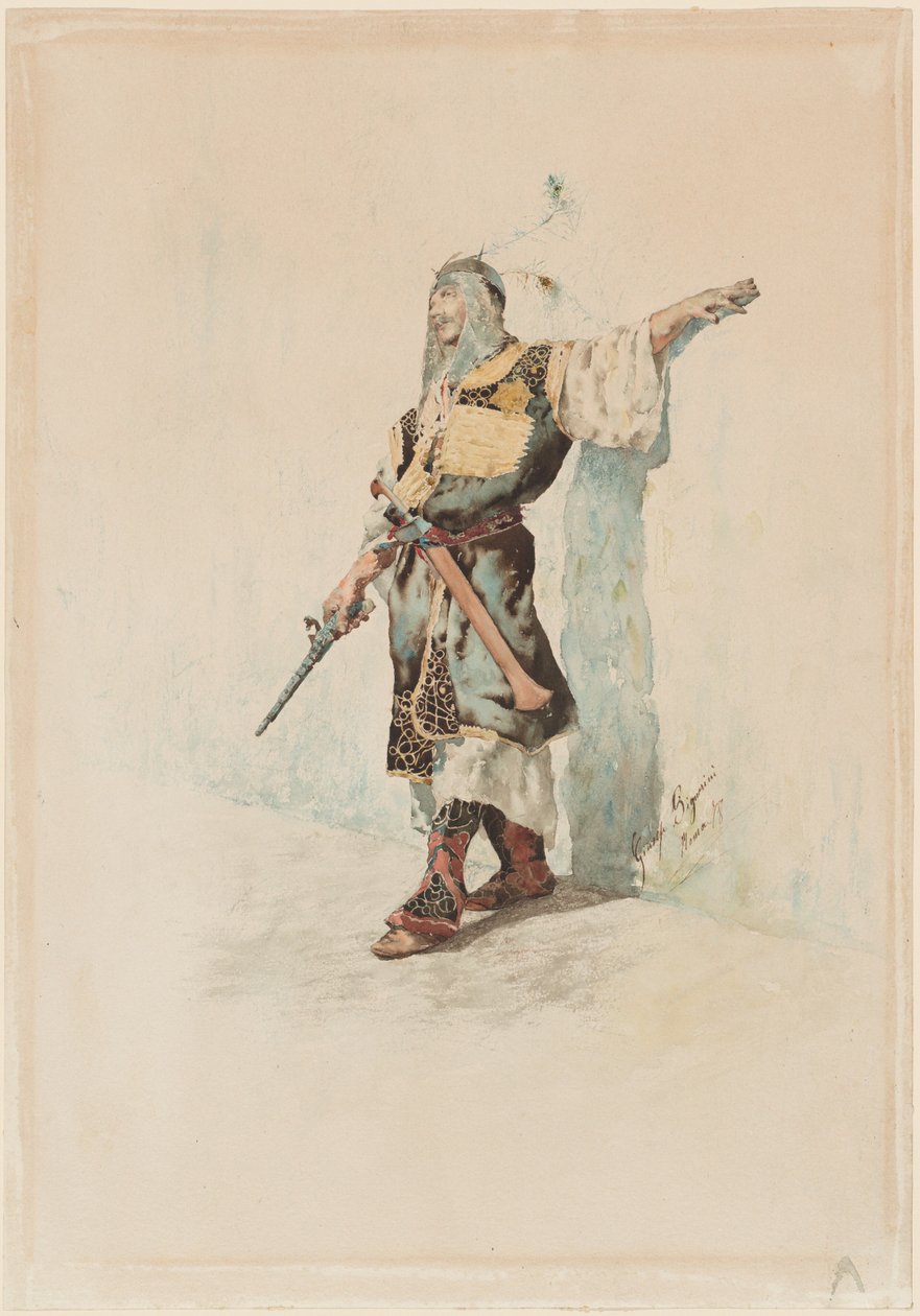 Um soldado mouro diante de uma parede iluminada pelo sol de Giuseppe Signorini