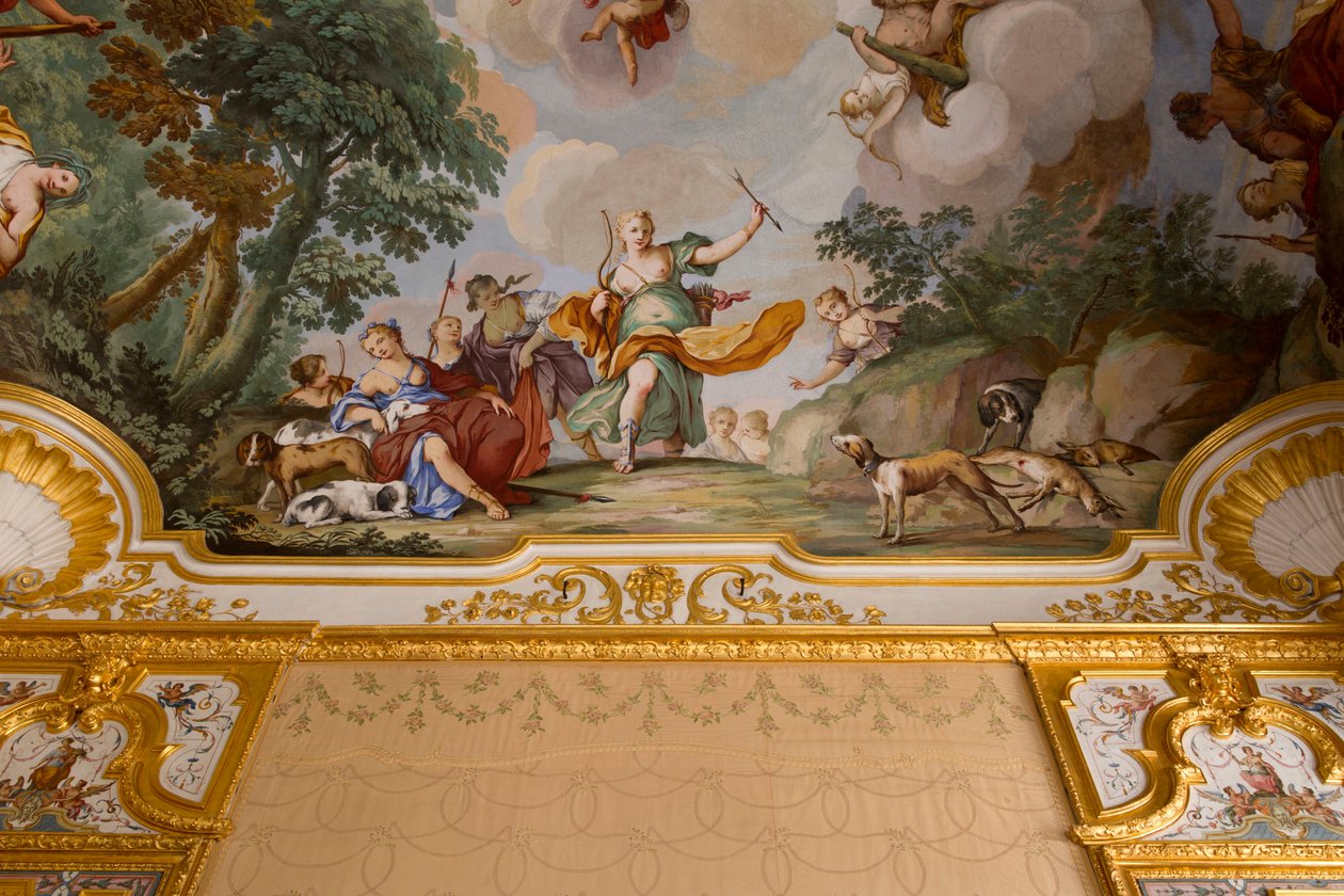 Representações do mito de Diana, de Domenico e Giuseppe Valeriani, fresco, teto abobadado do quarto, apartamento do rei, residência de caça, de Filippo Juvarra (1678-1736), Stupinigi, Piemonte, Itália de Giuseppe and Valeriani Domenico Valeriani