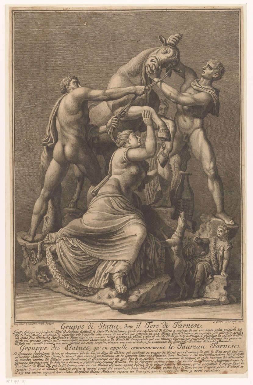 Dirce wordt aan een stier gebonden Farnese Stier Grupo de Estátuas, chamado Farnese Bull / Grouppe des Statues, qu 