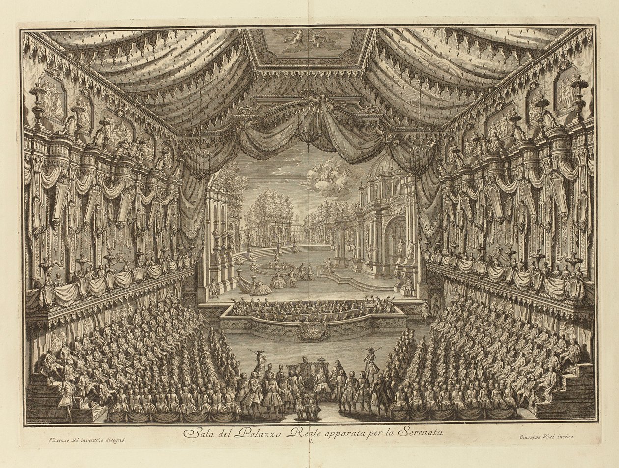 A Actuação de La Serenata no Palácio Real de Nápoles par Vasi, Giuseppe (1710-1782). Gravura em cobre, tamanho : 41,5x62 de Giuseppe Vasi
