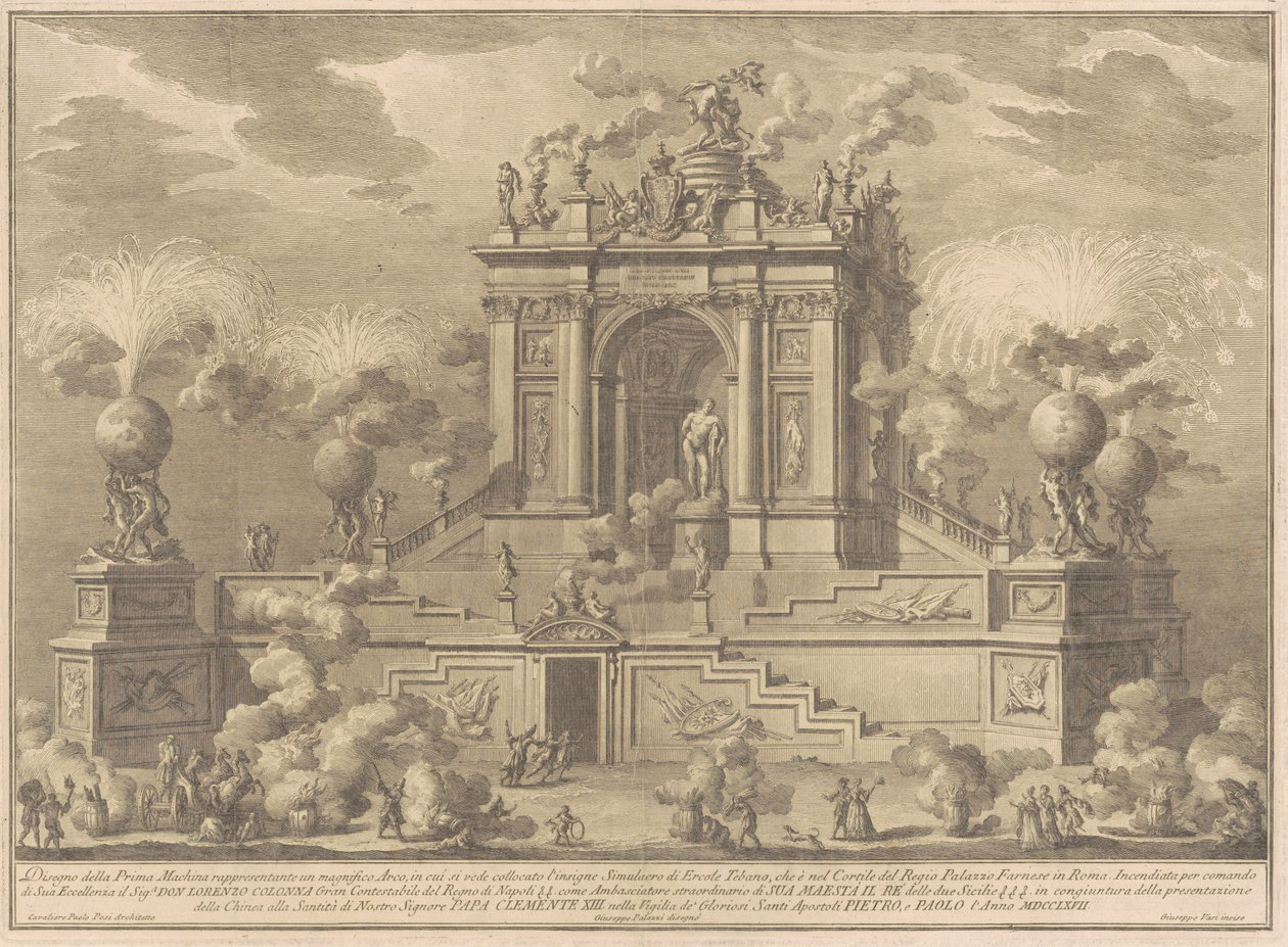A Prima Macchina para a Chinea de 1767: Um Arco Triunfal com o Hércules Farnese, 1767. de Giuseppe Vasi
