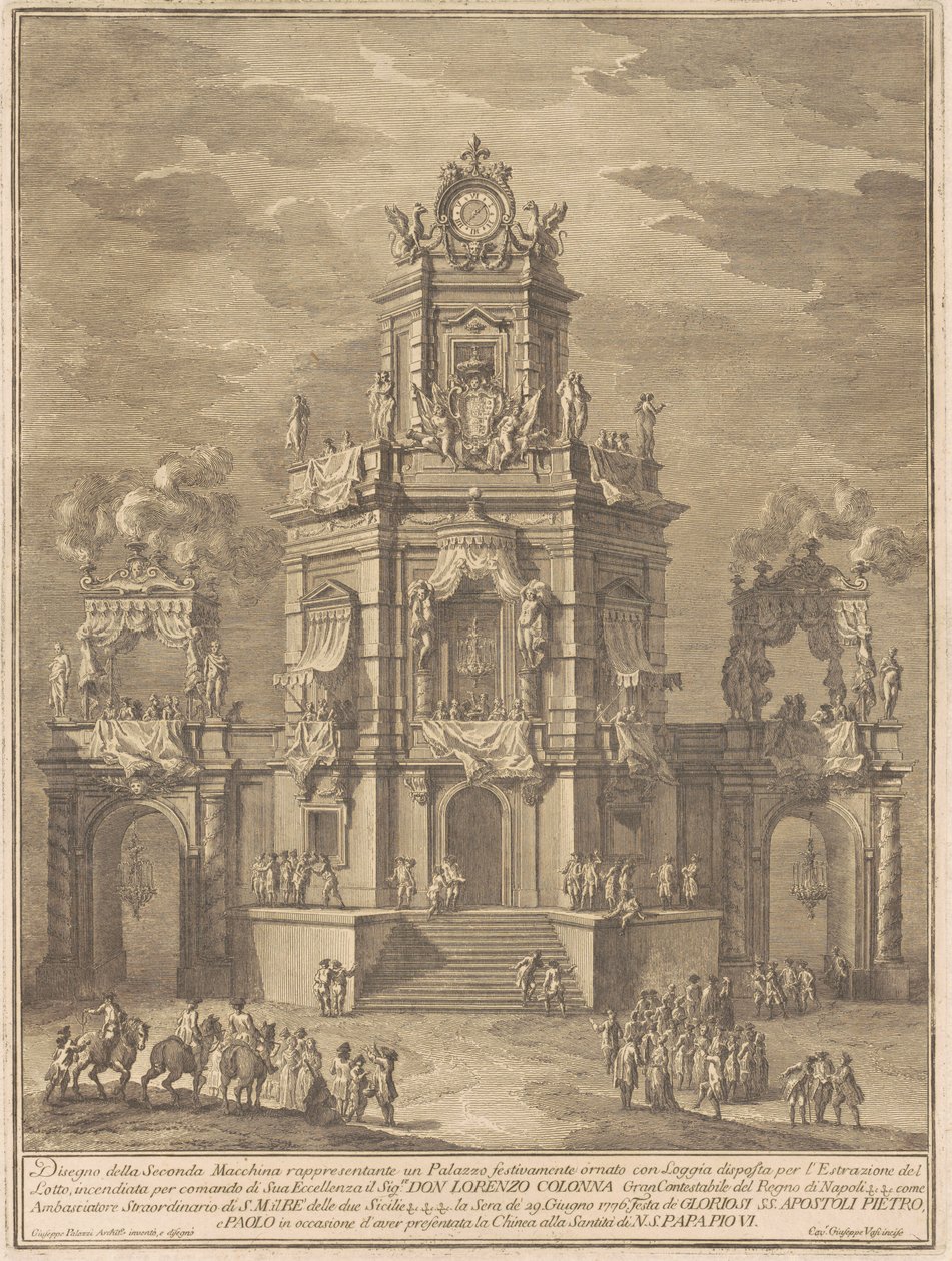 A Seconda Macchina para a Chinea de 1776: um palácio com uma loggia para o sorteio da loteria de Giuseppe Vasi, after Giuseppe Palazzi