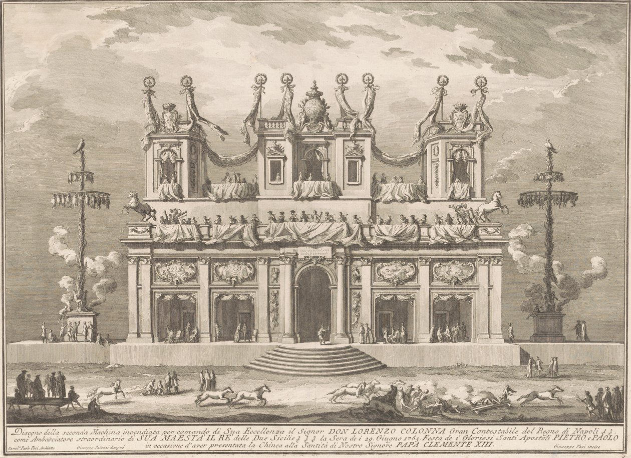 A Seconda Macchina para a Chinea de 1765: um edifício decorado com postes de Cocanha de Giuseppe Vasi, after Giuseppe Palazzi, after Paolo Posi