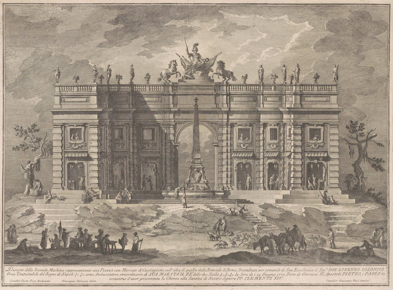 A Seconda Macchina para a China de 1772: uma praça com um mercado de caça e a fonte do Panteão de Giuseppe Vasi, after Giuseppe Palazzi, after Paolo Posi