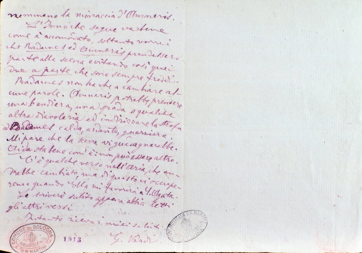 Carta manuscrita de Giuseppe Verdi a Antonio Ghislanzoni, autor de Aida librettos de Giuseppe Verdi