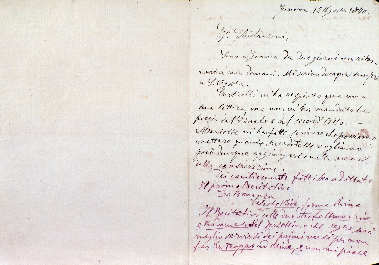 Carta manuscrita de Giuseppe Verdi a Antonio Ghislanzoni, autor de Aida librettos de Giuseppe Verdi