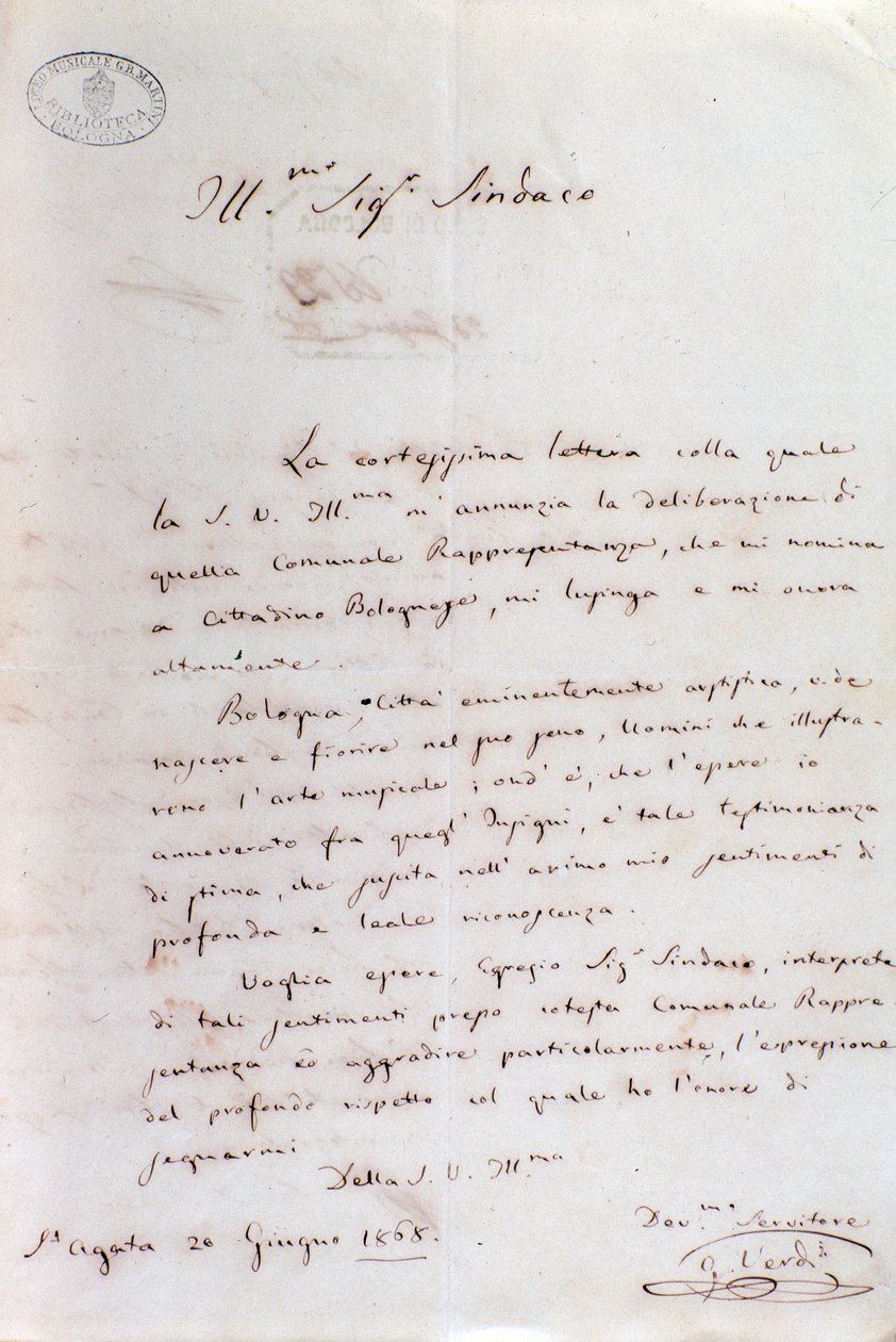 Carta manuscrita de Giuseppe Verdi ao prefeito de Bolonha quando ele se tornou cidadão honorário, 20 de junho de Giuseppe Verdi