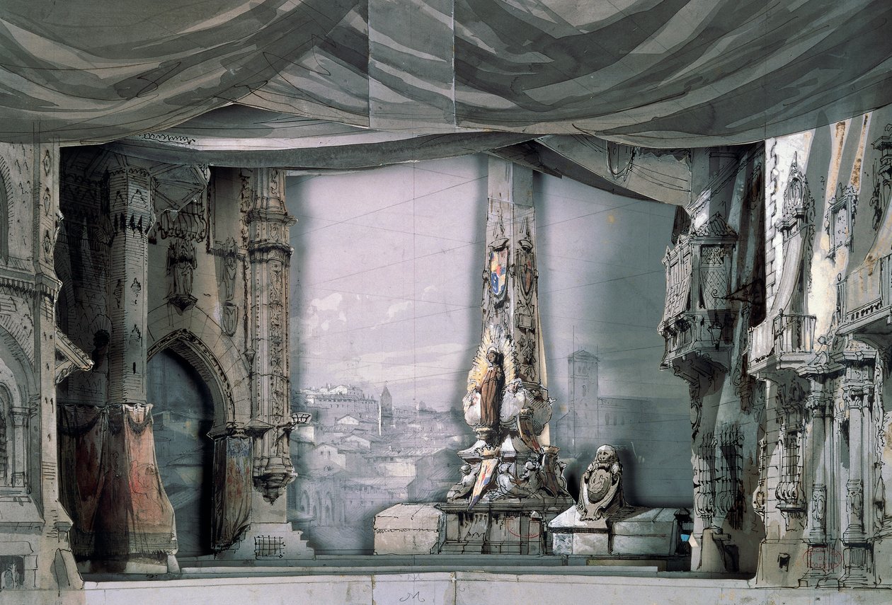 Praça em frente à Catedral de Valladolid, Acto III, Cena IV, cenografia de Charles Campon para Don Carlos de Giuseppe Verdi (1813-1901), actuação em Paris, Salle Le Peletier Opera House, 11 de Março de Giuseppe Verdi