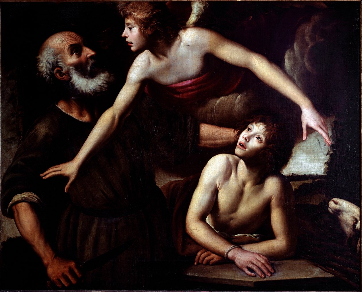O Sacrifício de Isaac O Anjo Pare a Mão de Abraão (sacrifício de Isaac) Pintura de Giuseppe Vermiglio (1585-1635) Genes do século XVII, Musei di Strada Nuova (ex Palazzo Bianco) de Giuseppe Vermiglio