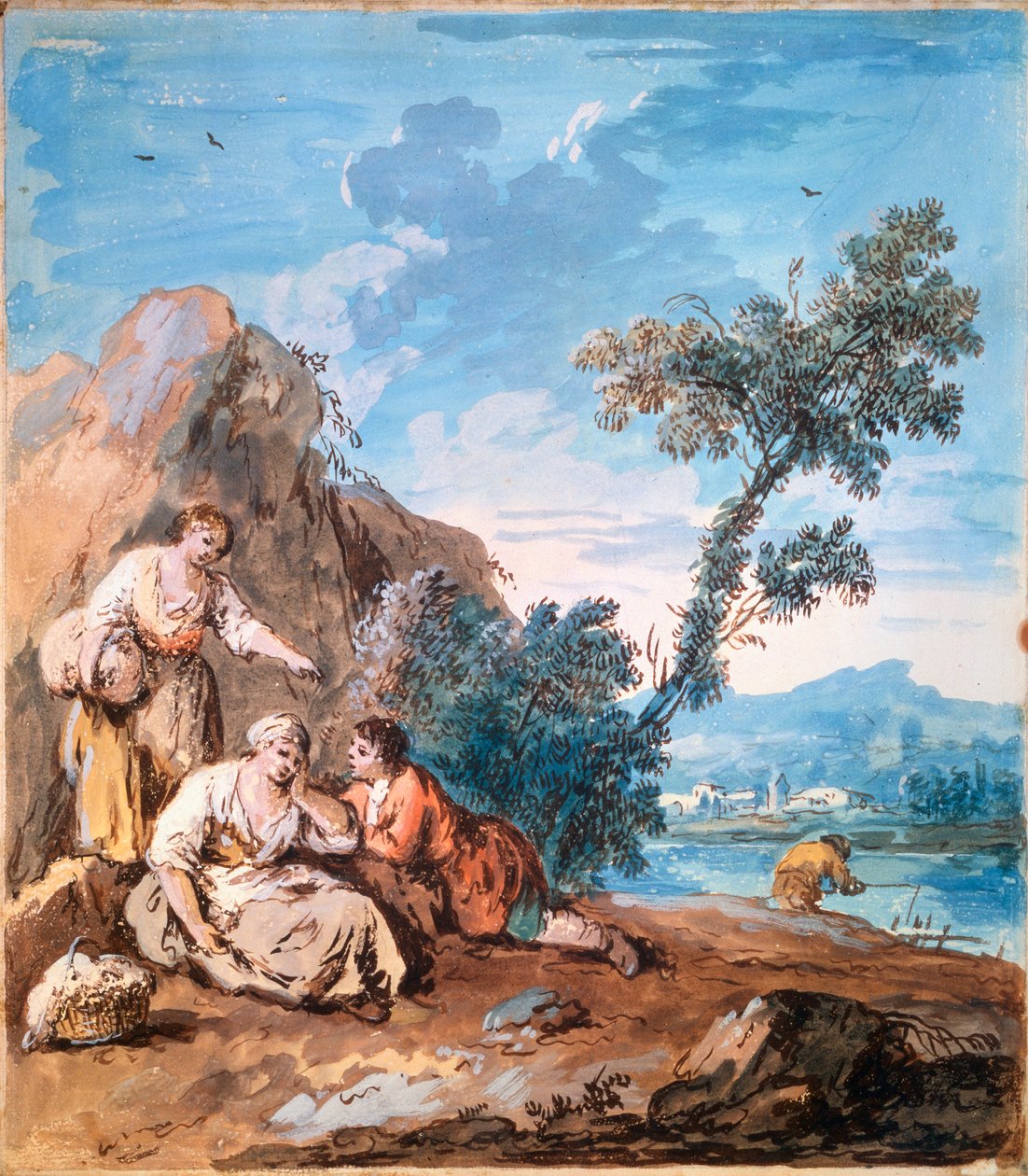 Três camponeses descansando em um banco de rio, c1750. de Giuseppe Zais
