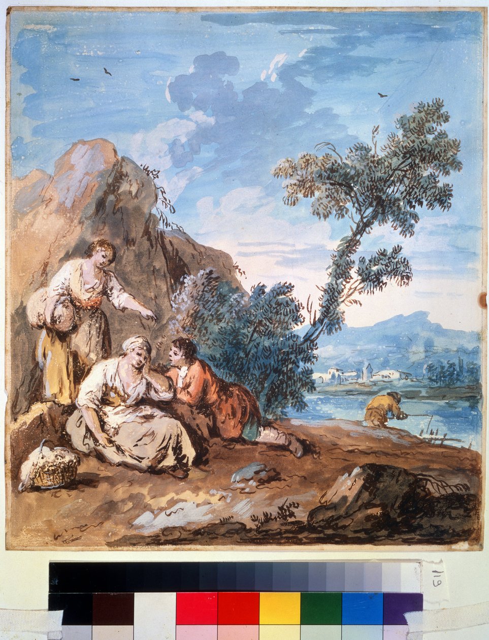 Três camponeses descansando na margem de um rio. Pintura de Giuseppe Zais (1709-1784). Aguarela sobre papel, 29,5 x 26,2 cm, por volta de 1750. Escola veneziana, pintura italiana do séc. XVIII. Museu de Belas Artes Pushkin, de Giuseppe Zais