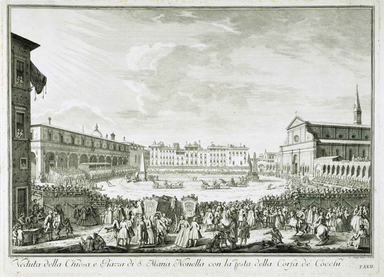 A festa de Corsa dei Cocchi na Piazza Santa Maria Novella. A festa de Corsa dei Cocchi na praça da Igreja de Santa Maria Novella em Florença. Desenho de Giuseppe Zocchi (1711-1767). Florença, Biblioteca Riccardiana. de Giuseppe Zocchi