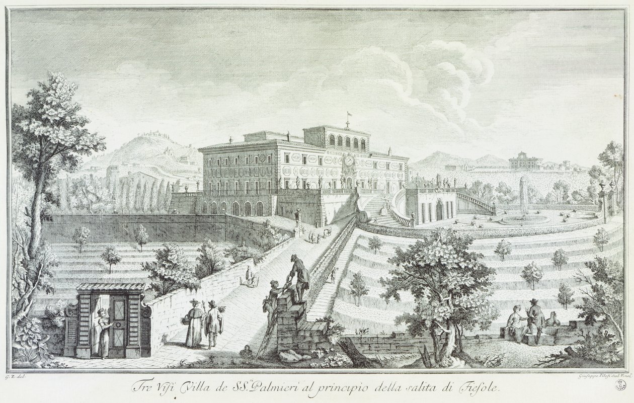 Villa Palmieri em Fiesole, de Giuseppe Zocchi (1711-1767), Vista das villas e arredores na Toscana, Itália de Giuseppe Zocchi