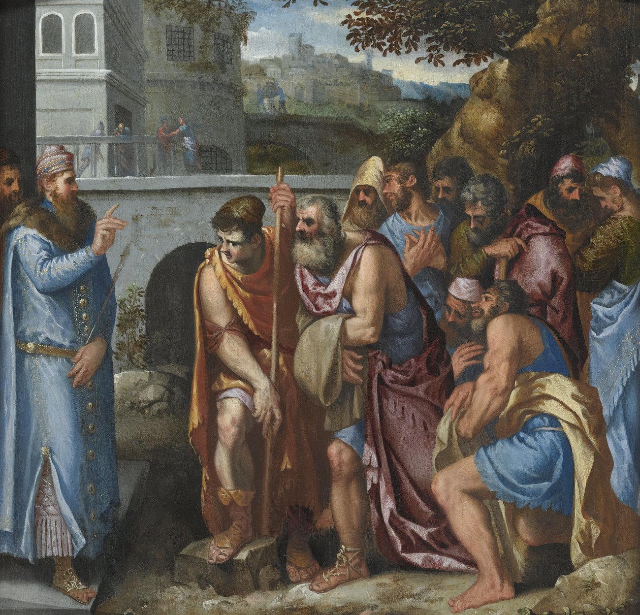 Joseph e seus irmãos par Salviati, Giuseppe (1520-1575). Óleo sobre madeira, tamanho : 62x62 de Giuseppe della Porta Salviati
