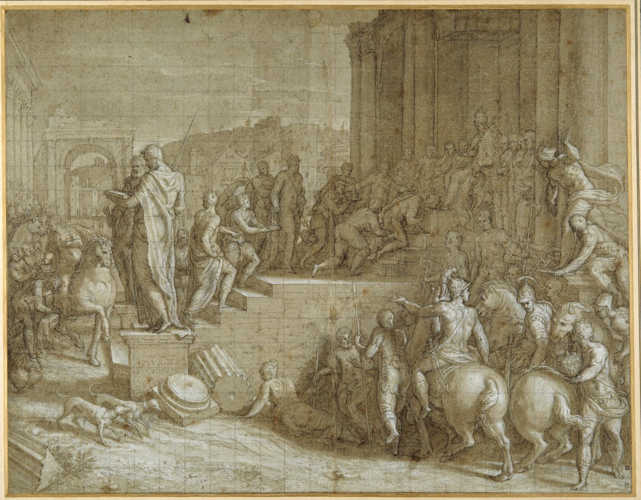 A lenda dos sete reis que homenageiam um papa (caneta e tinta castanha com lavagem e cor branca no corpo na carta azzurra) de Giuseppe della Porta Salviati