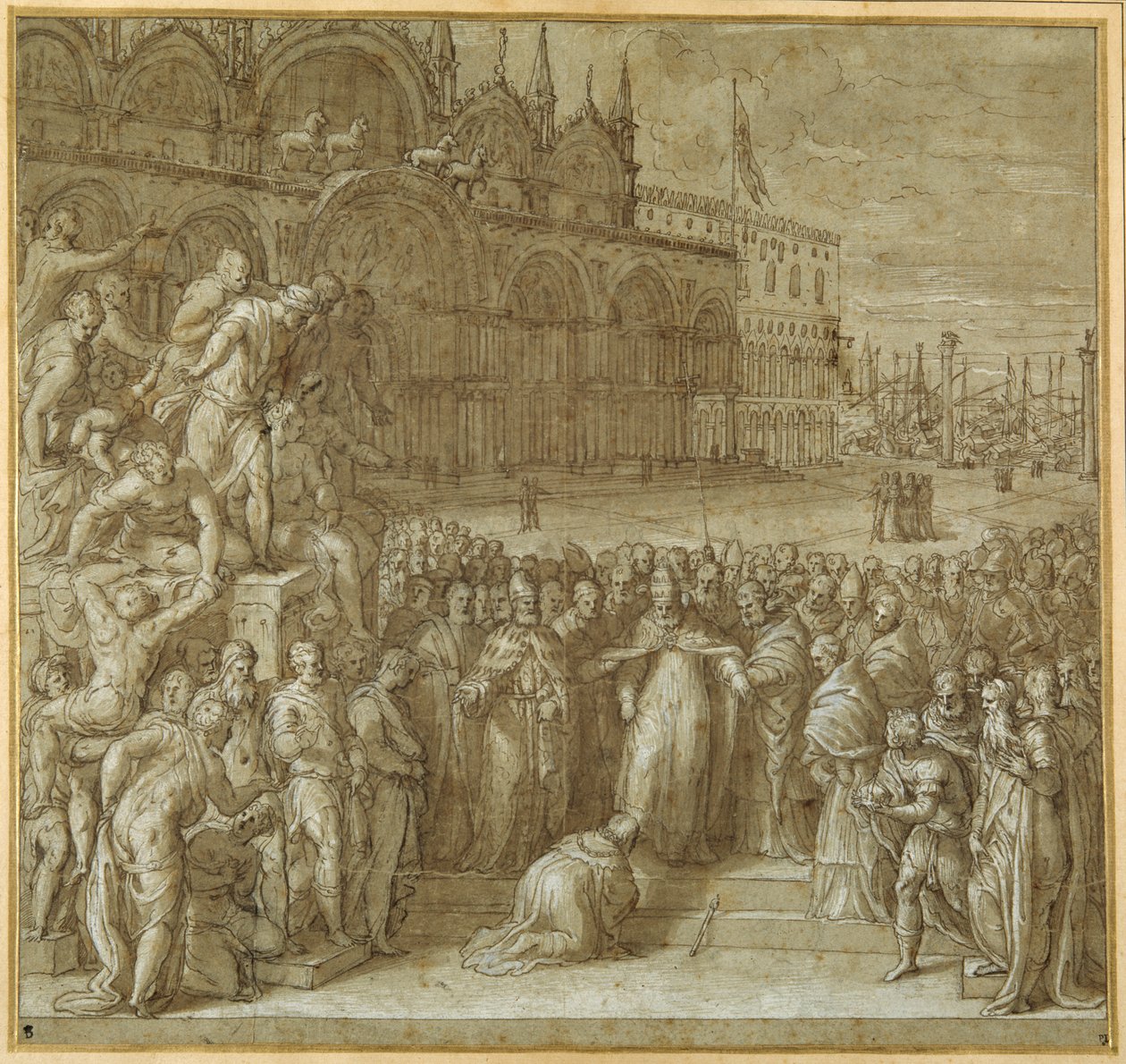 A reconciliação entre o Papa Alexandre III e Frederick Barbarossa, na presença de Doge Sebastiano Ziani (caneta e tinta marrom com lavagem marrom e aumento de altura) de Giuseppe della Porta Salviati