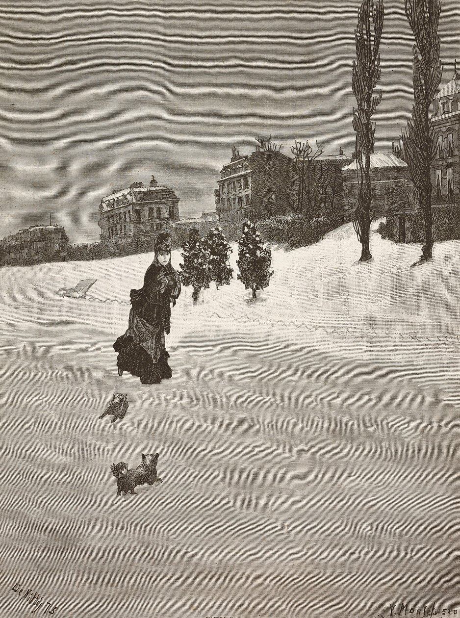 Está frio!, mulher caminhando na neve, gravura de uma pintura de Giuseppe De Nittis, desenho de Montefusco, L