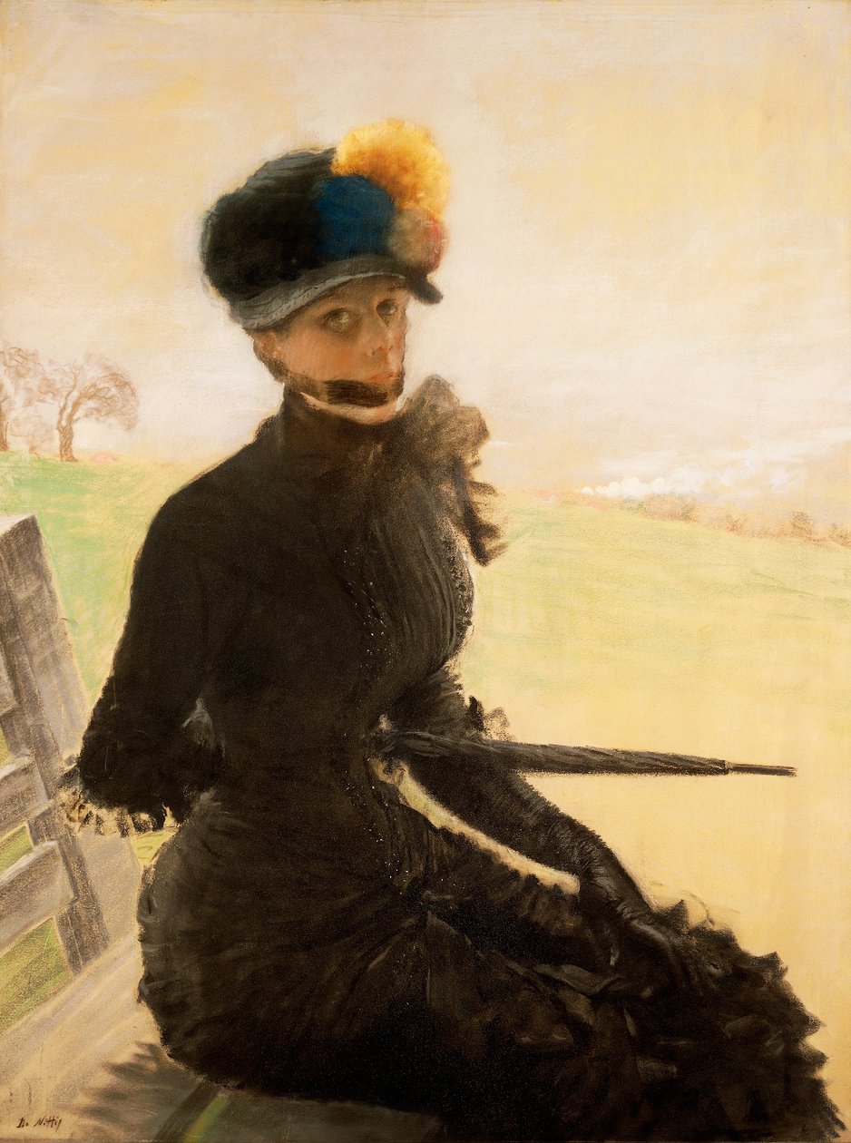 La femme aux pompons (Uma mulher com pompom), c.1879 (pastel sobre tela) de Giuseppe or Joseph de Nittis