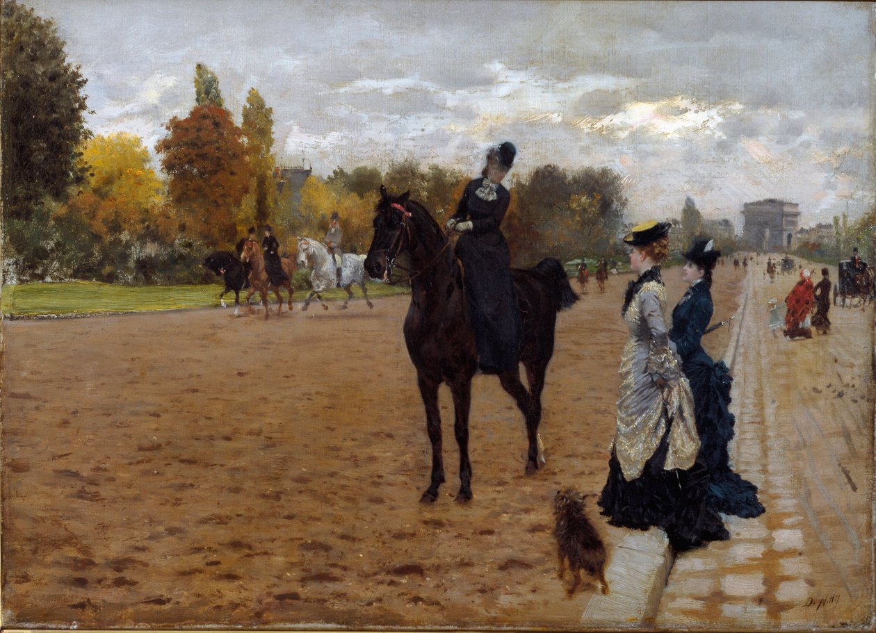 O Cavaliere amazônico conversando com os caminhantes da Avenida Foch, em Paris. Pintura de Giuseppe De Nittis (1846-1884), cerca de 1875. Óleo sobre tela. Dim: 42x31cm. Genes, Galleria d