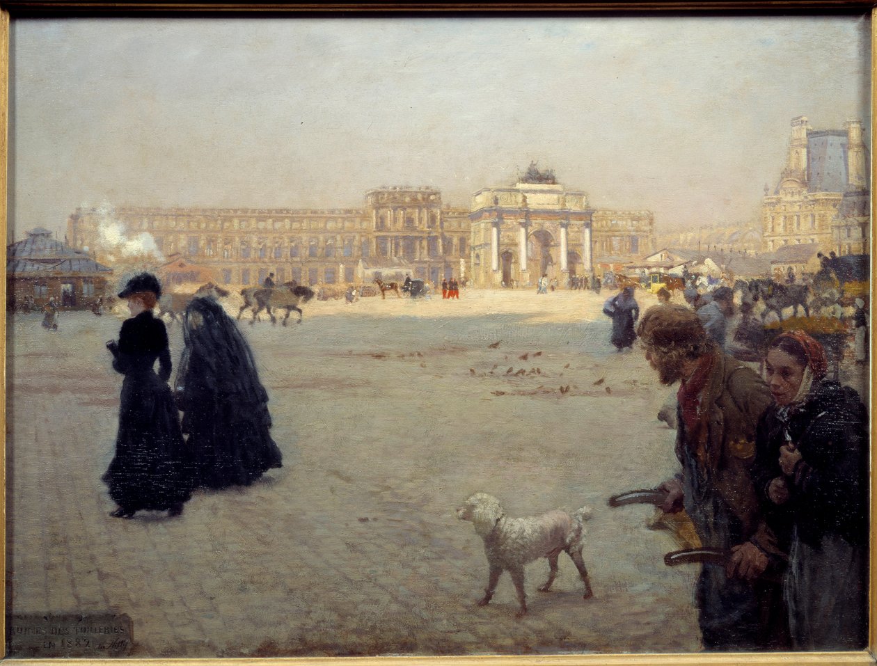 O Place du Carrousel ruínas das Tuileries em 1882. Mesa que representa uma vista de Paris. Pintura de Guiseppe Nittis (1846 - 1884) de Giuseppe or Joseph de Nittis