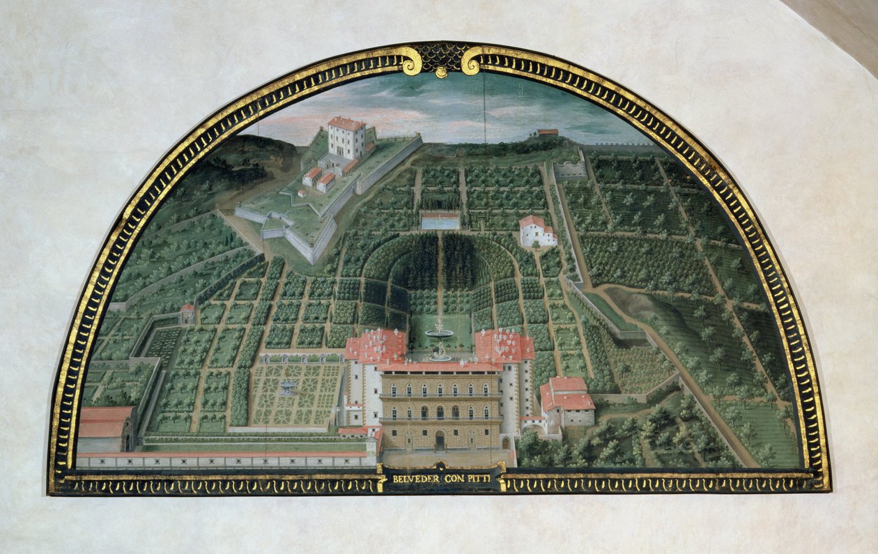 Fort Belvedere e o Palácio Pitti de uma série de lunettes com vistas das villas Medici, 1599 (têmpera no painel) de Giusto Utens