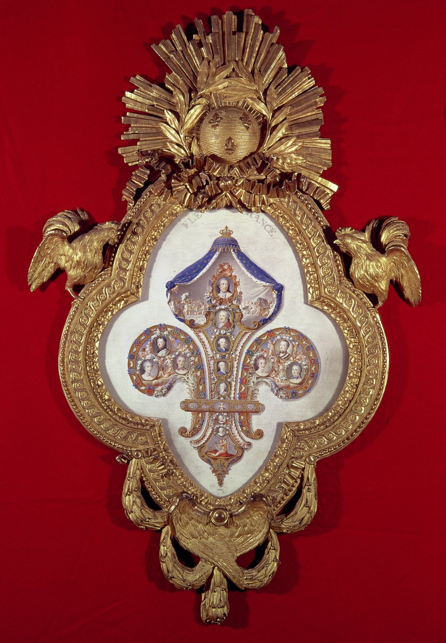 A Fleur de France, árvore genealógica com treze retratos de Luís XV (1710-74) e seus descendentes em uma moldura em forma de flor-de-lis, 1765 (ouro e esmalte) de Glokeur de Surchamps
