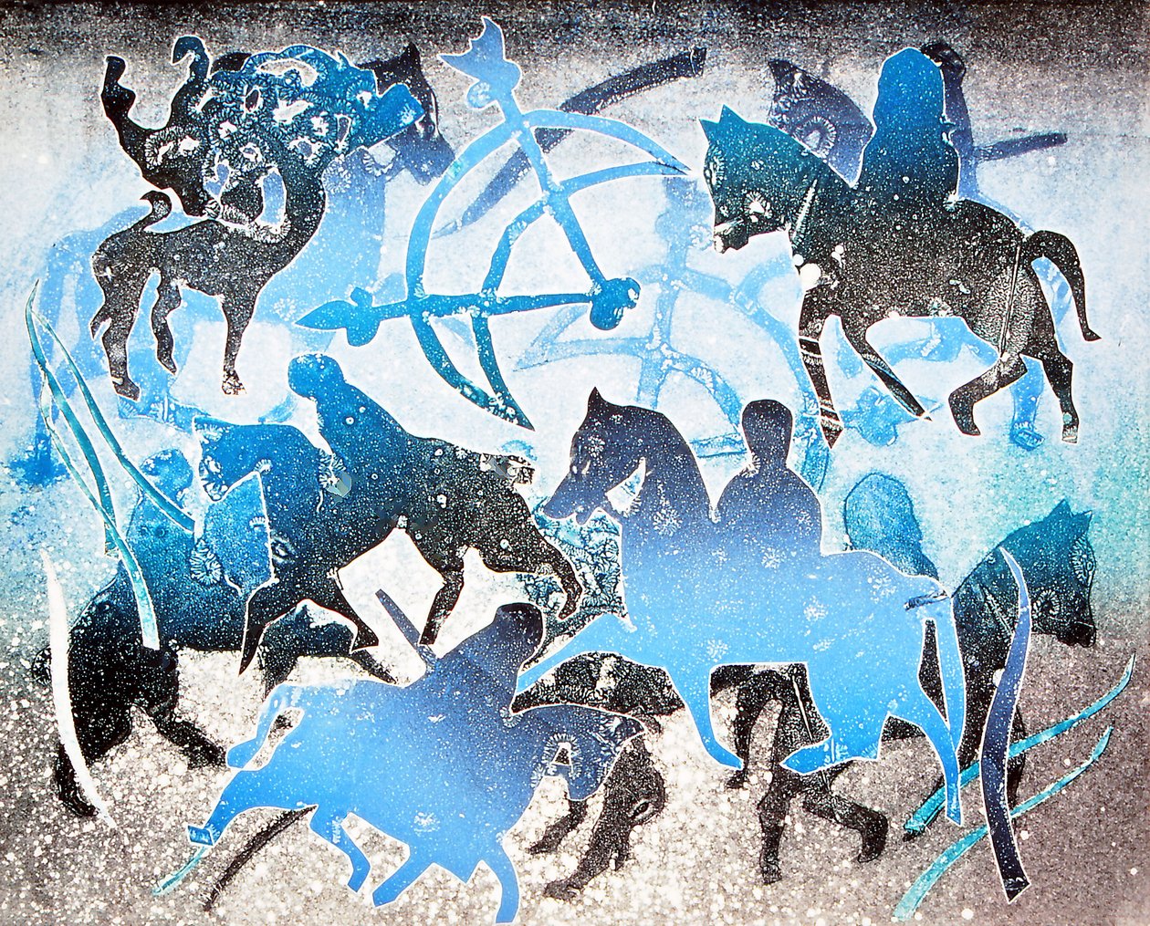 Blue Riders, 2000 (monoprint) de Gloria Wallington
