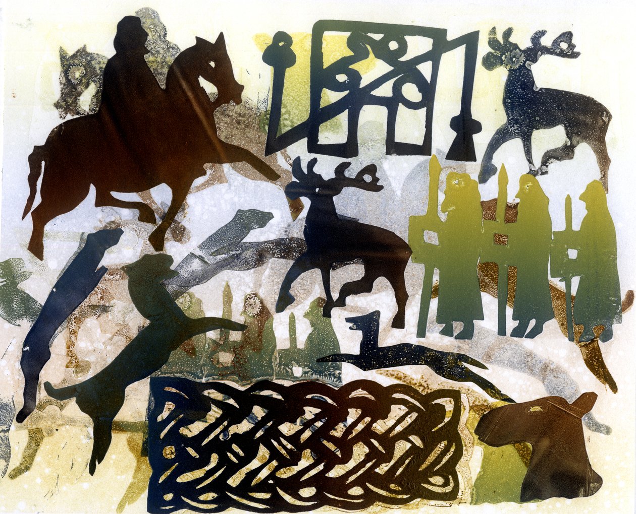 Pictish symbols and Lacing (monoprint) de Gloria Wallington