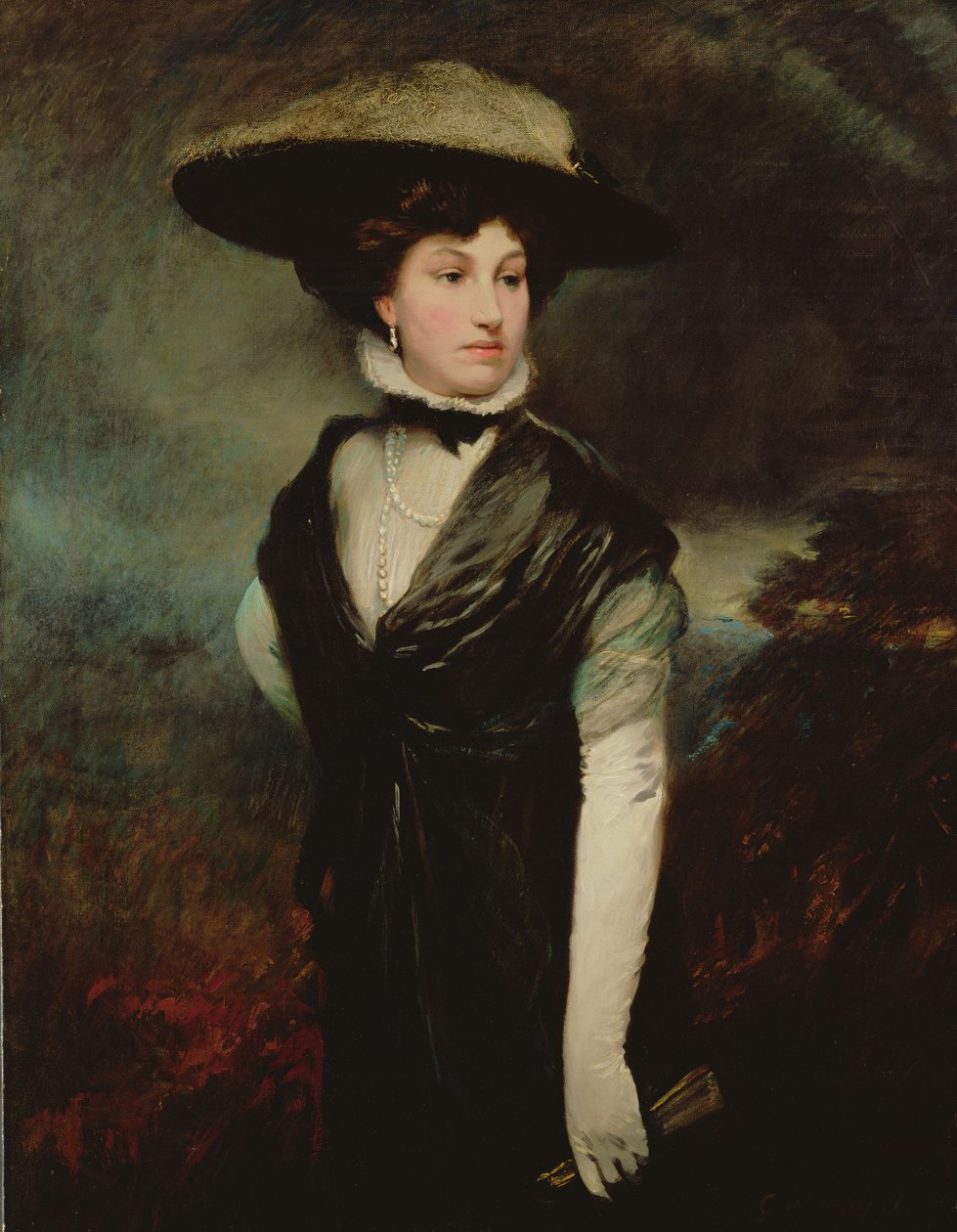 Retrato de Amy Bird, a atriz, de pé três quartos de comprimento, em preto, uma paisagem além, c.1909 de Glyn Warren Philpot