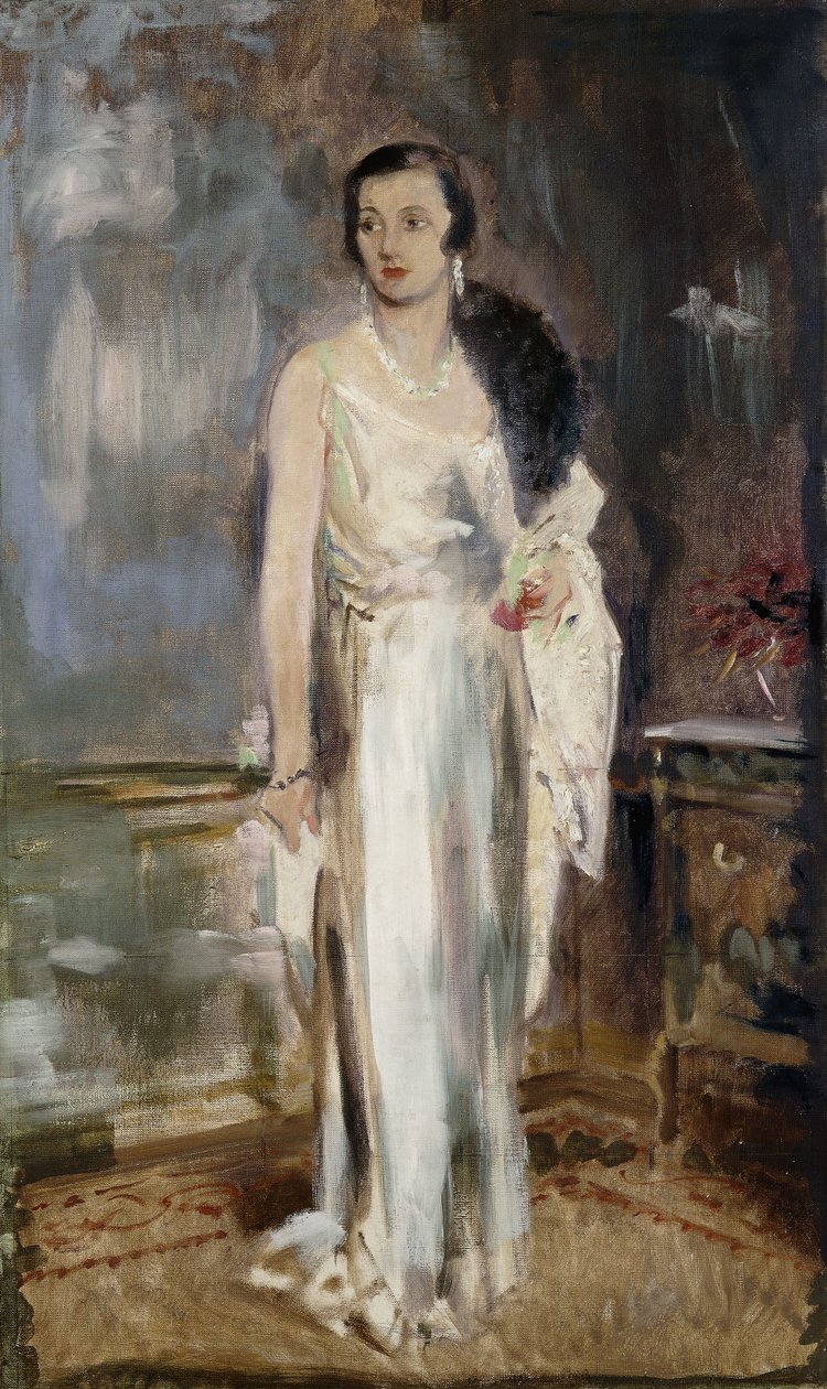 Retrato de Loelia, Duquesa de Westminster, mais tarde Lady Lindsay, corpo inteiro pequeno, em vestido de noite de Glyn Warren Philpot