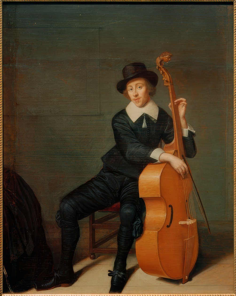 Retrato de um músico sentado com a sua viola da gamba de Godaert Kamper