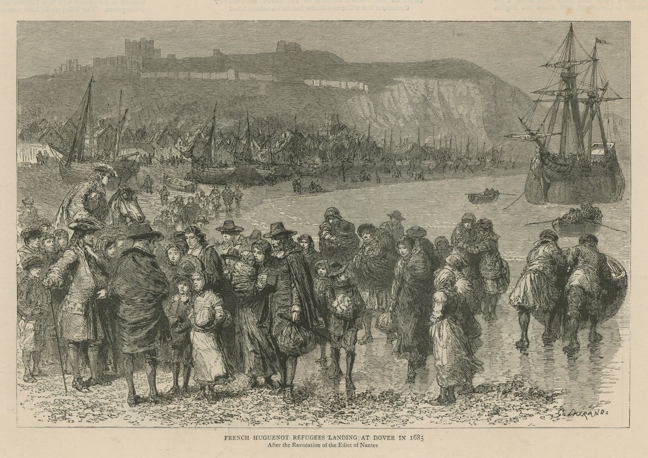 Os huguenotes em Inglaterra: Refugiados huguenotes franceses desembarcando em Dover em 1685 (gravura) de Godefroy Durand