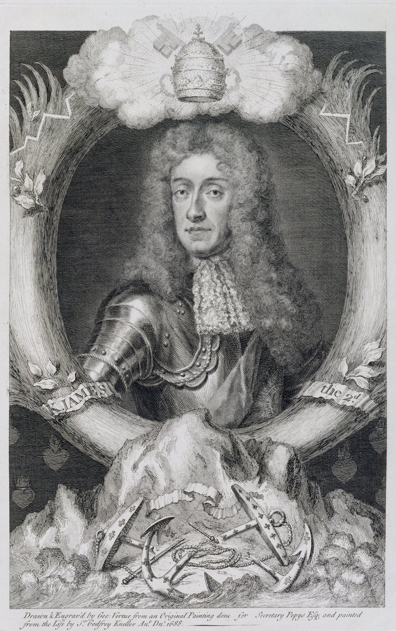 Retrato de Jaime VII da Escócia, II da Inglaterra (1633-1701) gravado por George Vertue (1684-1756) de Godfrey Kneller