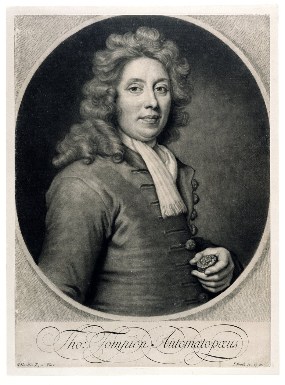 Retrato de Thomas Tompion (1639-1713) gravado por John Smith (mezzotint) de Godfrey Kneller