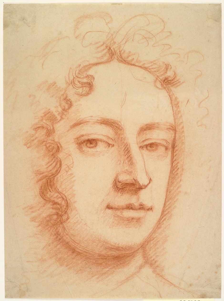 Rosto de um homem, três quartos, olhando diretamente para o espectador, possivelmente um auto-retrato de Godfrey Kneller