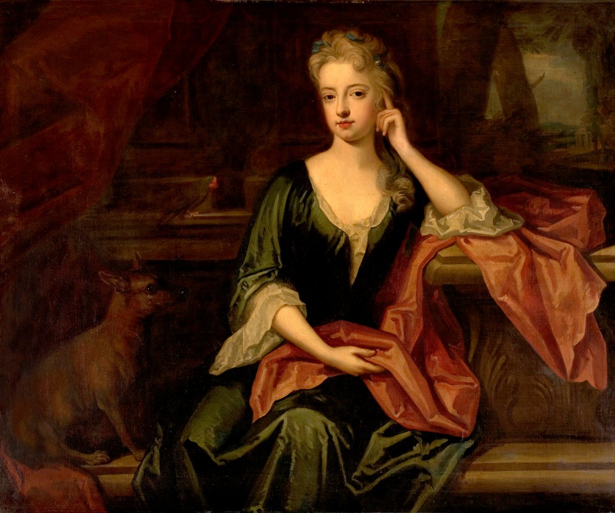Senhora, com, um, cão, e, um, papagaio, 17o século de Godfrey Kneller