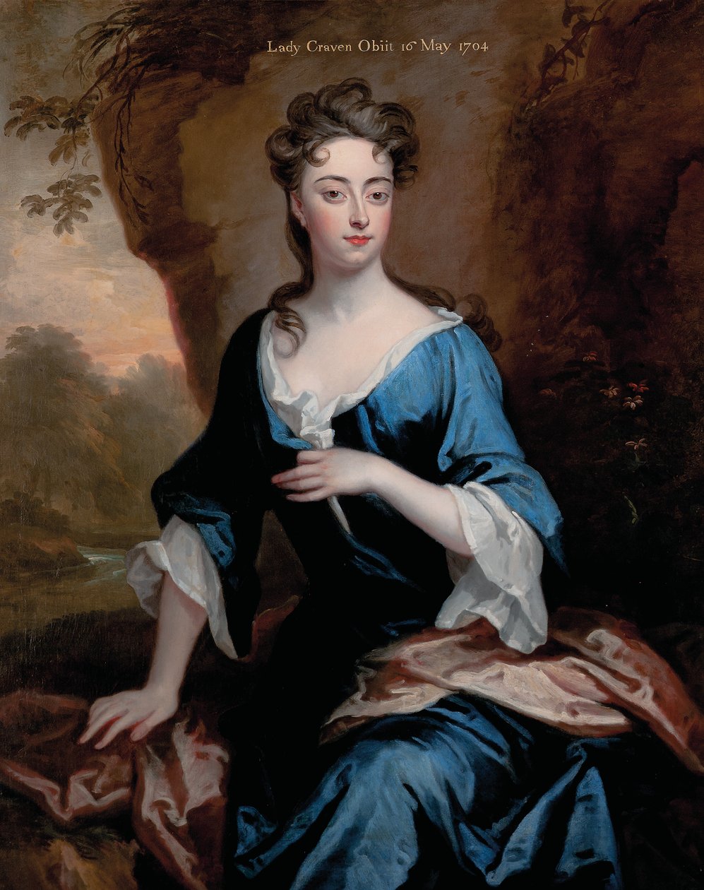 Retrato de Elizabeth Skipwith, Lady Craven, com um quarto de comprimento, em um vestido azul e xale vermelho, uma paisagem de rio arborizada além, 1704 de Godfrey Kneller