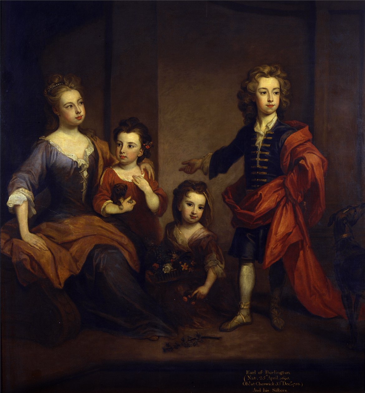 Retrato de Richard Boyle, 3º Conde de Burlington, com suas três irmãs, Elizabeth, Juliana e Jane Boyle, c.1700 (óleo sobre tela) de Godfrey Kneller