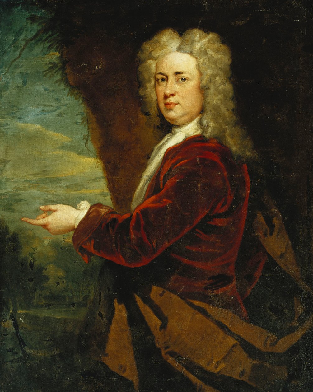 Retrato de um cavalheiro, de pé metade do comprimento, vestindo uma jaqueta de veludo vermelho e uma capa marrom em um parque, de Godfrey Kneller