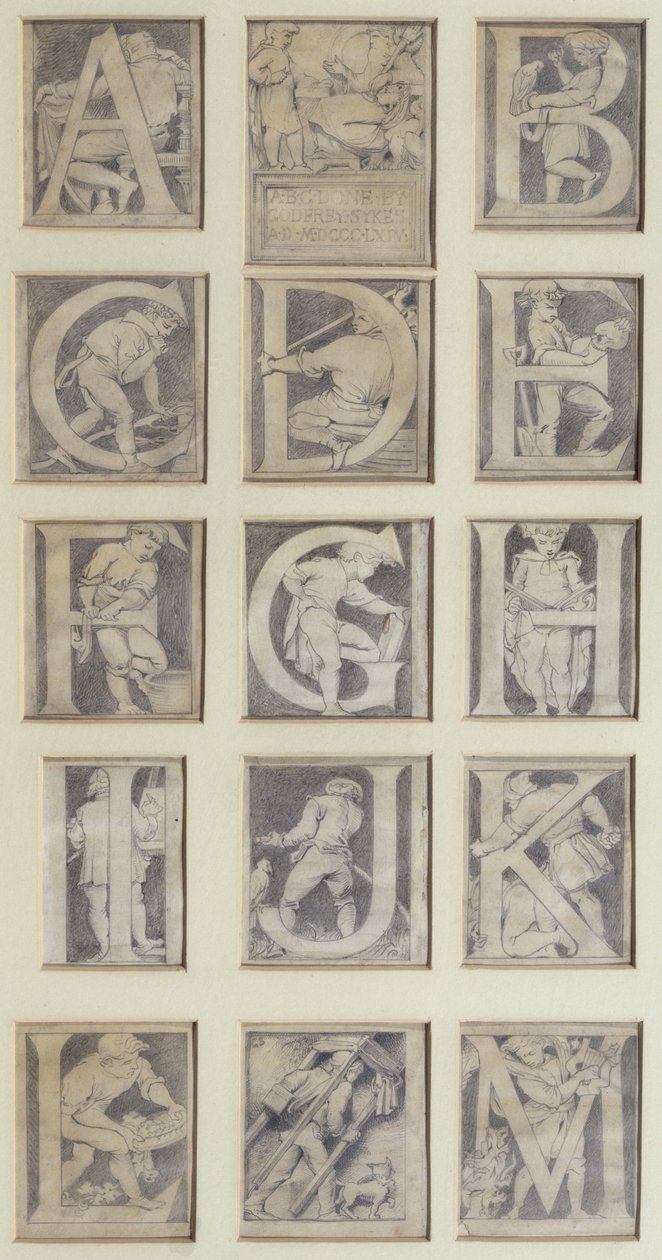 AM, projeto de treze letras para o alfabeto do South Kensington Museum, 1864 (lápis e cinza) de Godfrey Sykes