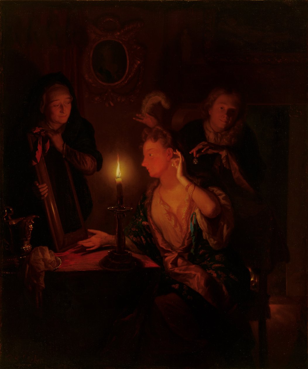 Senhora em um espelho à luz de velas de Godfried Schalcken